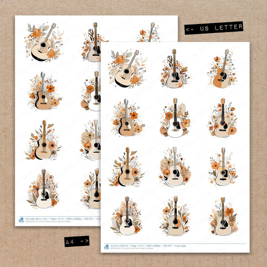 DDD010349_FC Line Art Guitar Floral Fussy Cut Sheets