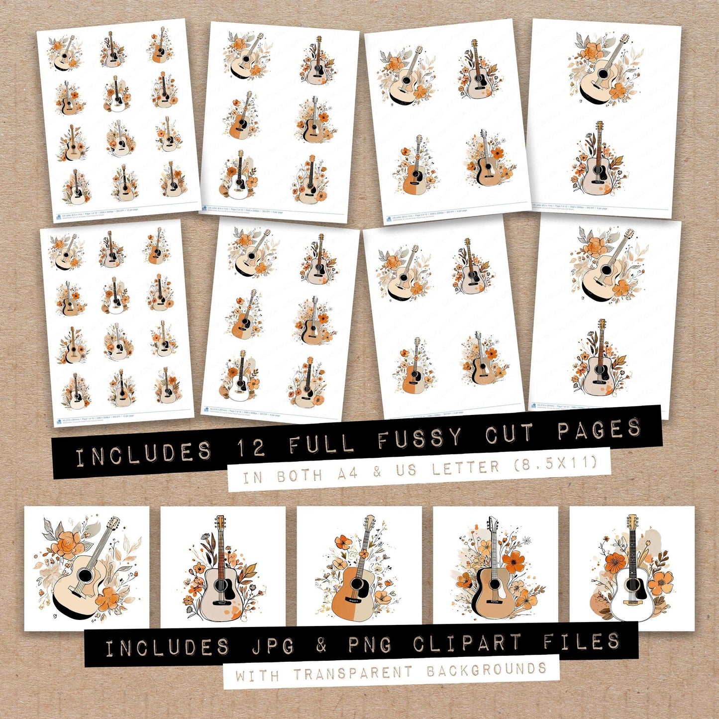 DDD010349_FC Line Art Guitar Floral Fussy Cut Sheets