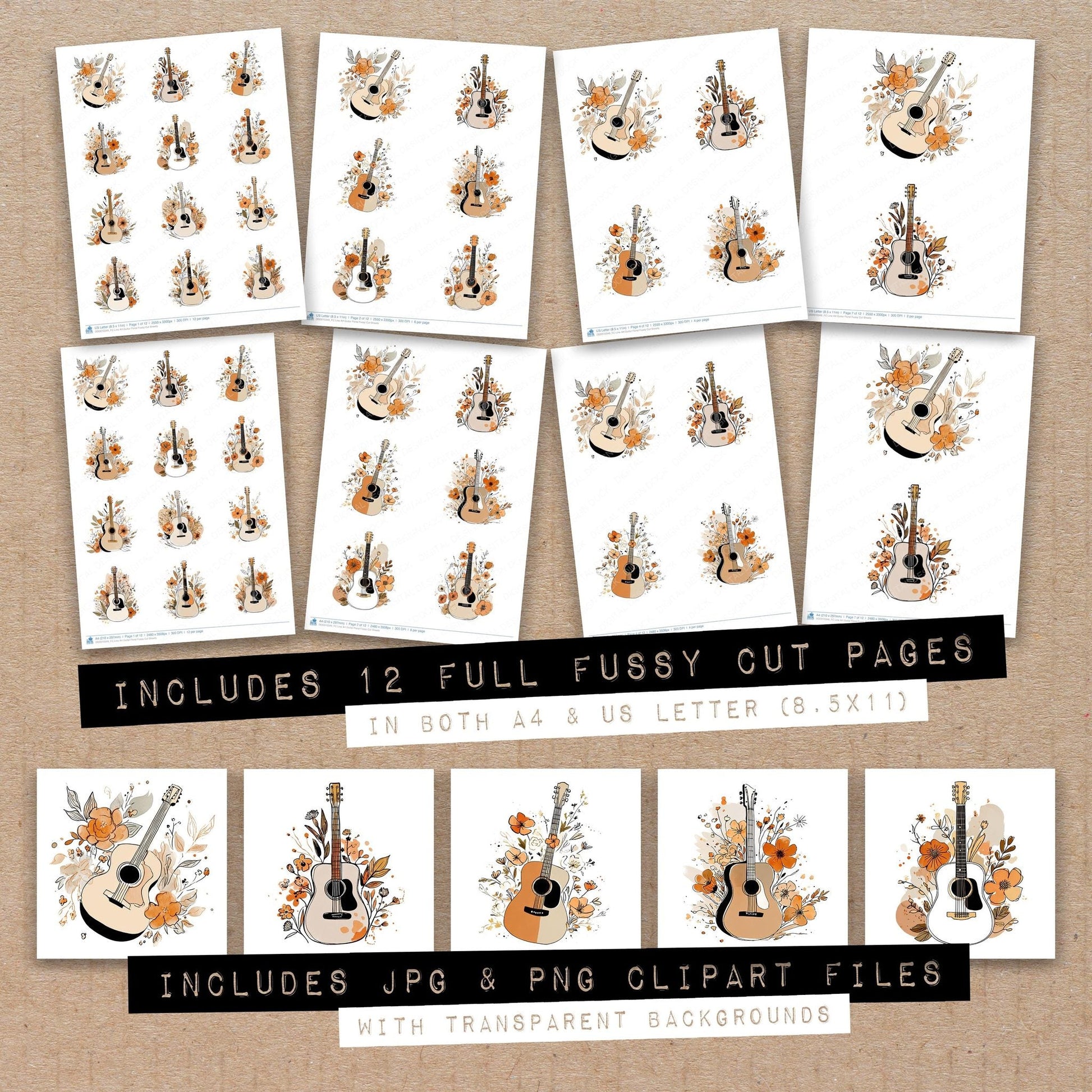 DDD010349_FC Line Art Guitar Floral Fussy Cut Sheets