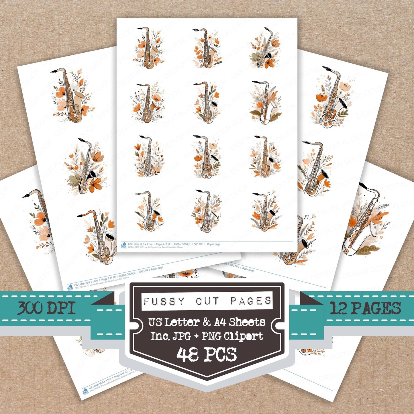 DDD010350_FC Line Art Saxophone Floral Fussy Cut Sheets