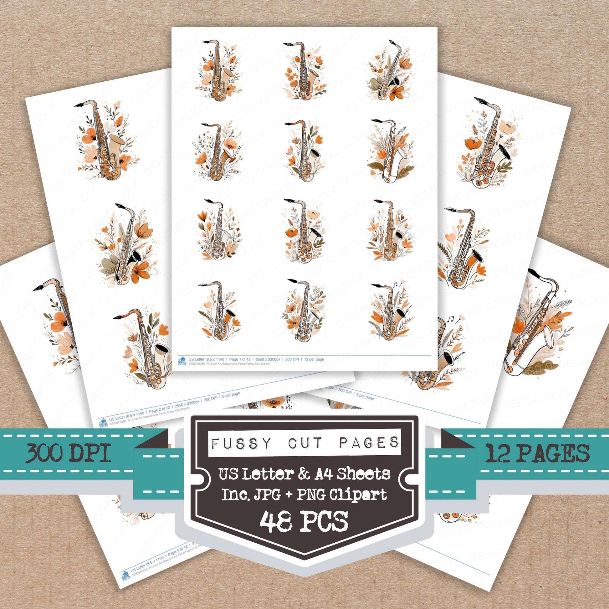 DDD010350_FC Line Art Saxophone Floral Fussy Cut Sheets