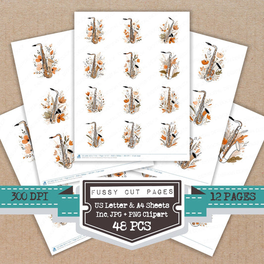 DDD010350_FC Line Art Saxophone Floral Fussy Cut Sheets