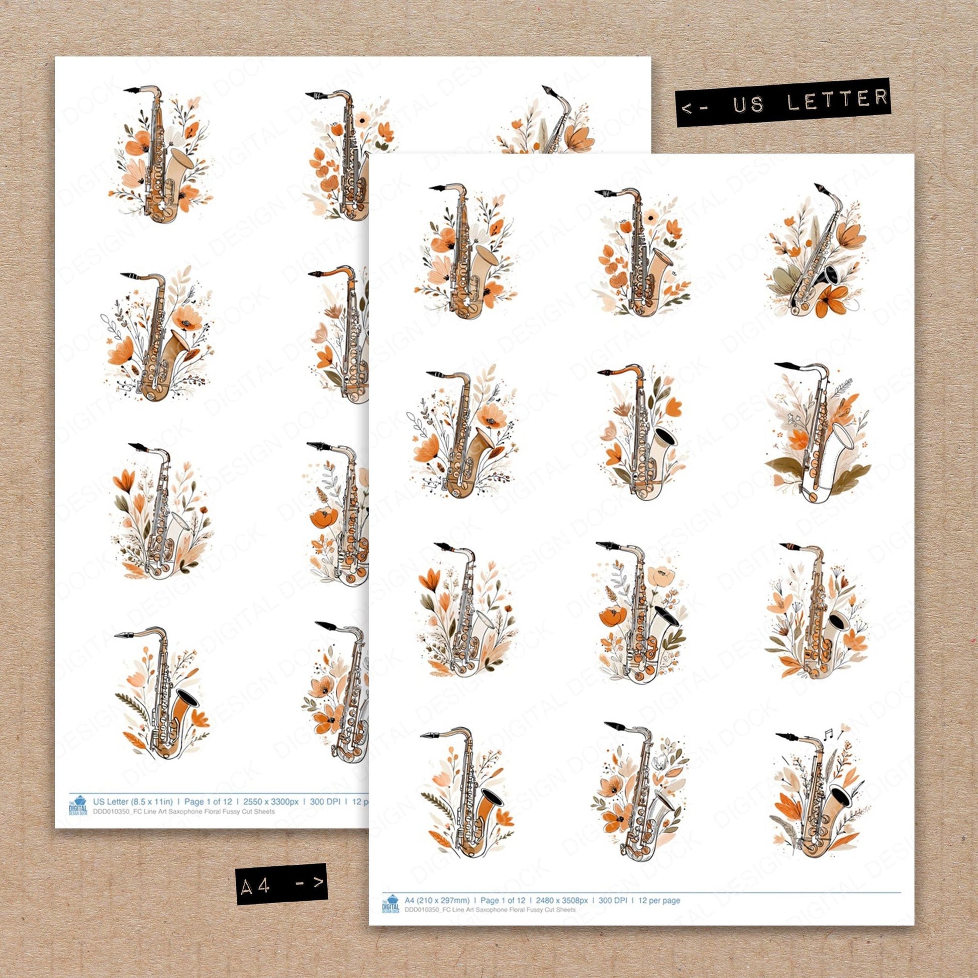 DDD010350_FC Line Art Saxophone Floral Fussy Cut Sheets