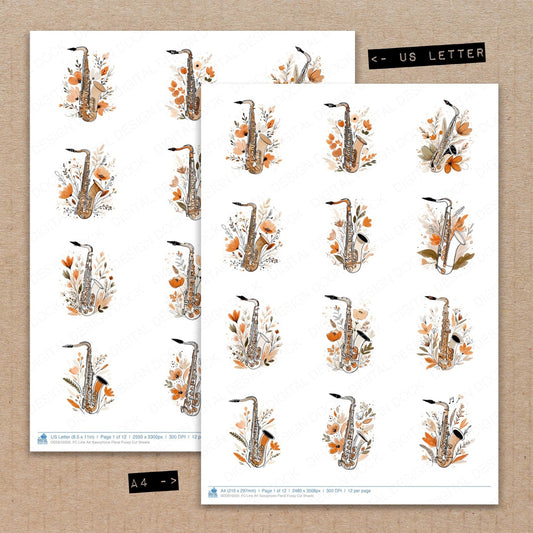 DDD010350_FC Line Art Saxophone Floral Fussy Cut Sheets