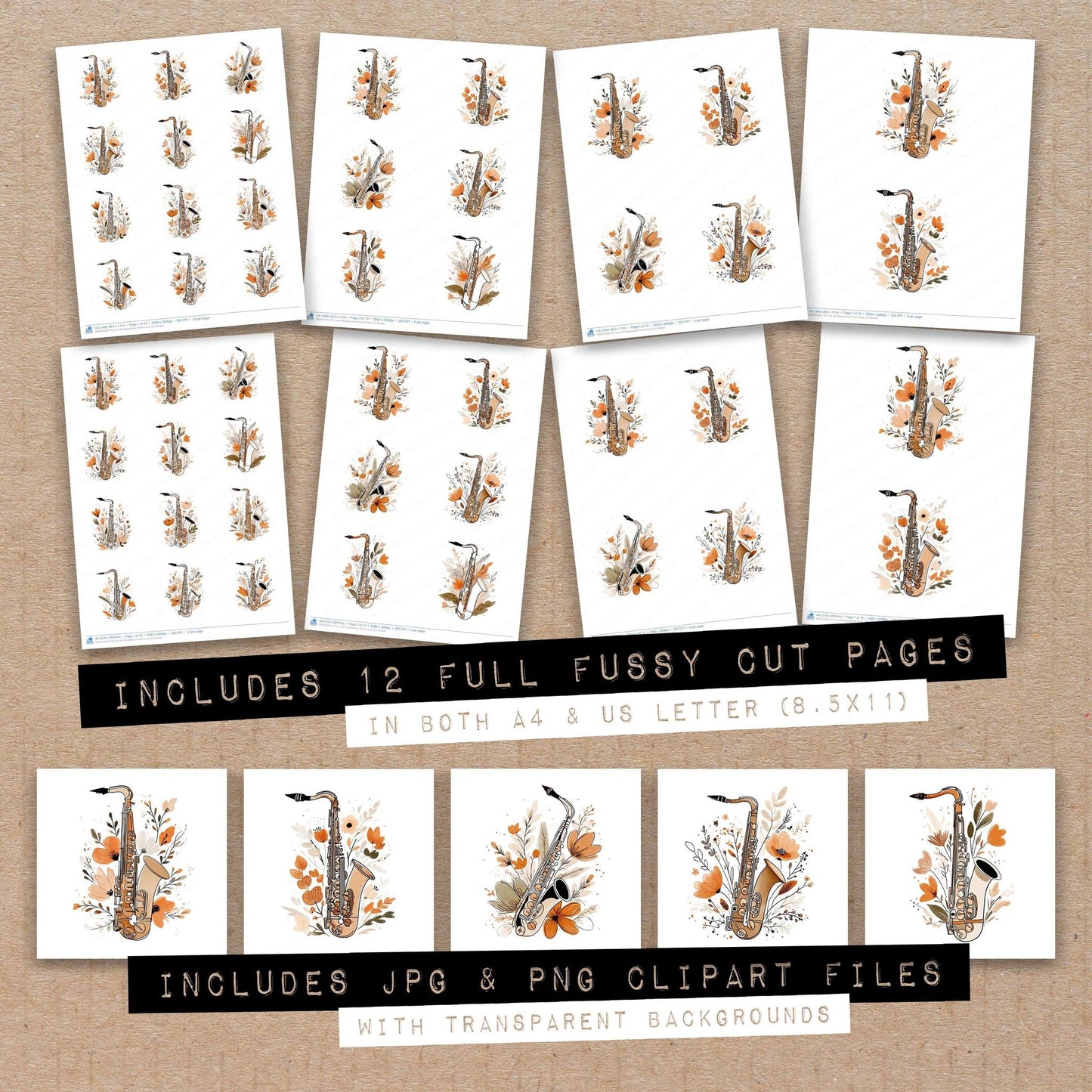 DDD010350_FC Line Art Saxophone Floral Fussy Cut Sheets
