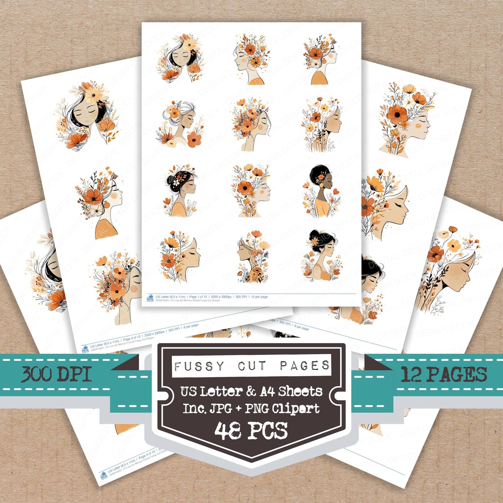 DDD010351_FC Line Art Woman Florals Fussy Cut Sheets