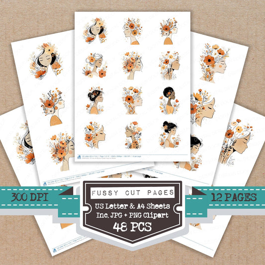 DDD010351_FC Line Art Woman Florals Fussy Cut Sheets