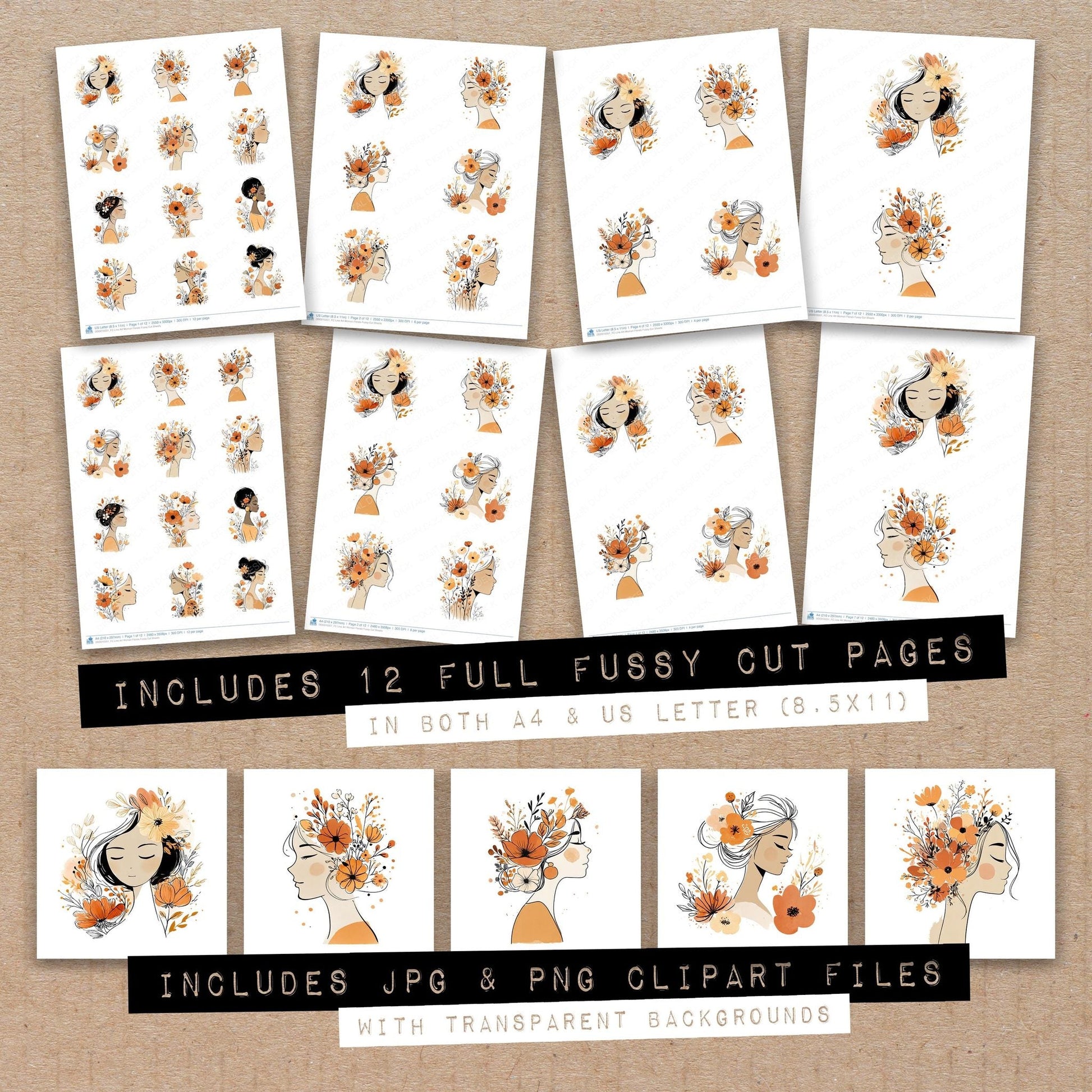 DDD010351_FC Line Art Woman Florals Fussy Cut Sheets