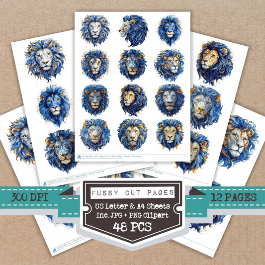 DDD010352_FC Lion Head Baroque Blue and Gold Fussy Cut Sheets