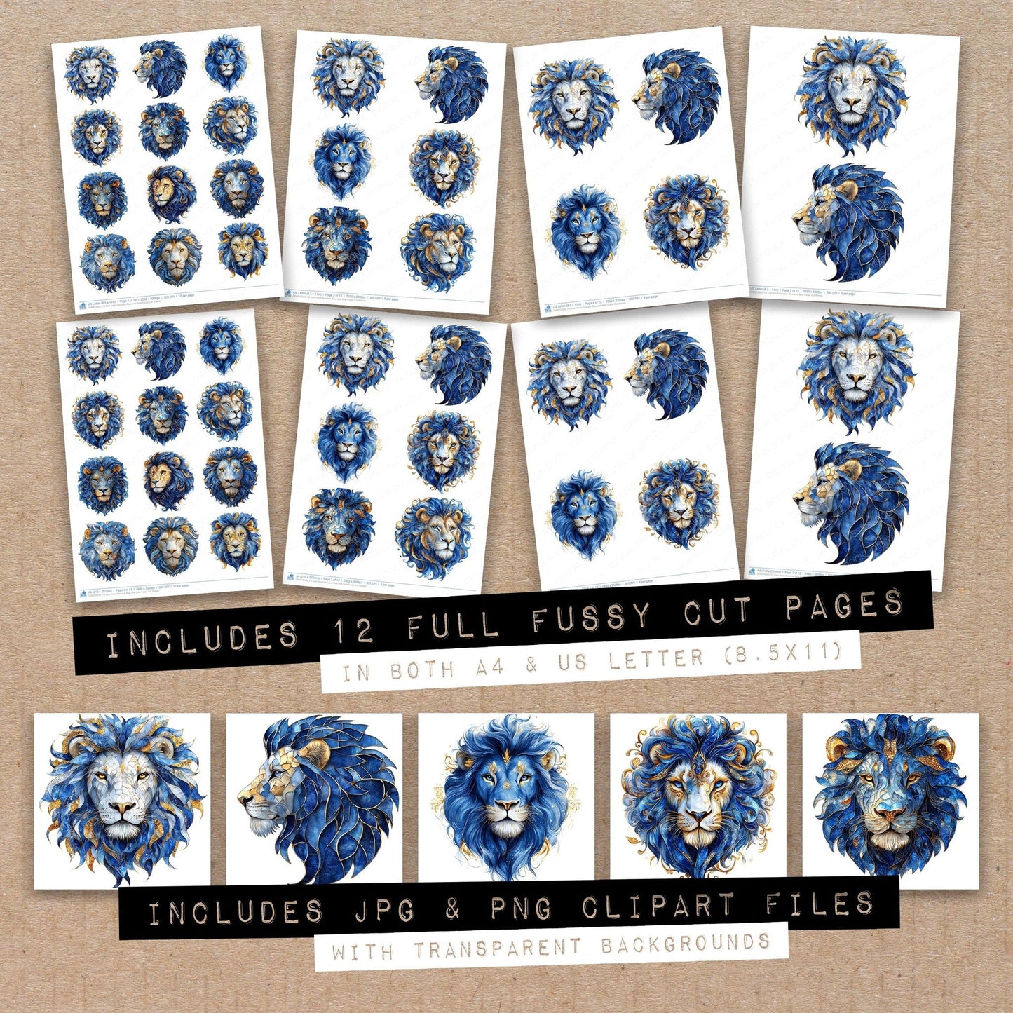 DDD010352_FC Lion Head Baroque Blue and Gold Fussy Cut Sheets