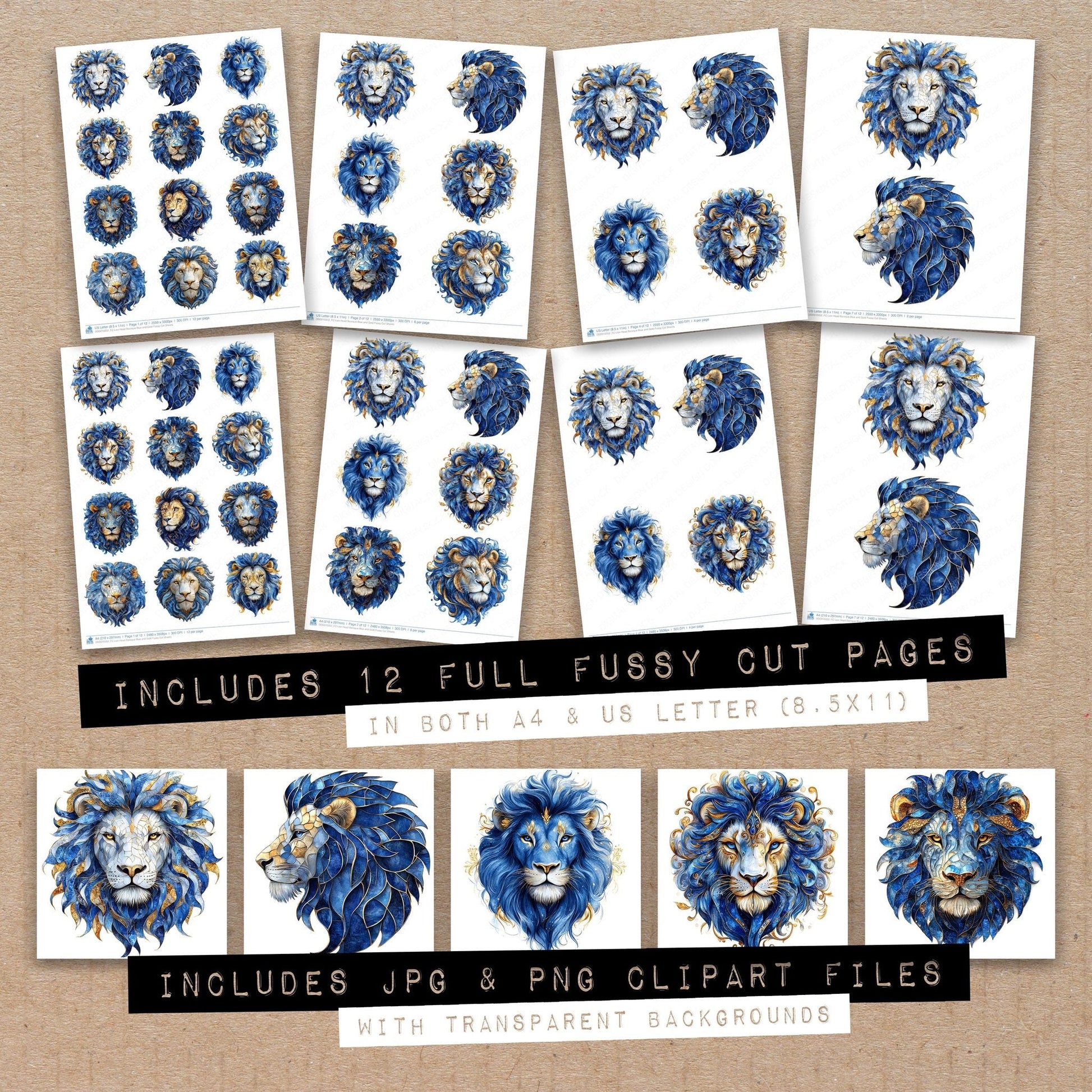 DDD010352_FC Lion Head Baroque Blue and Gold Fussy Cut Sheets