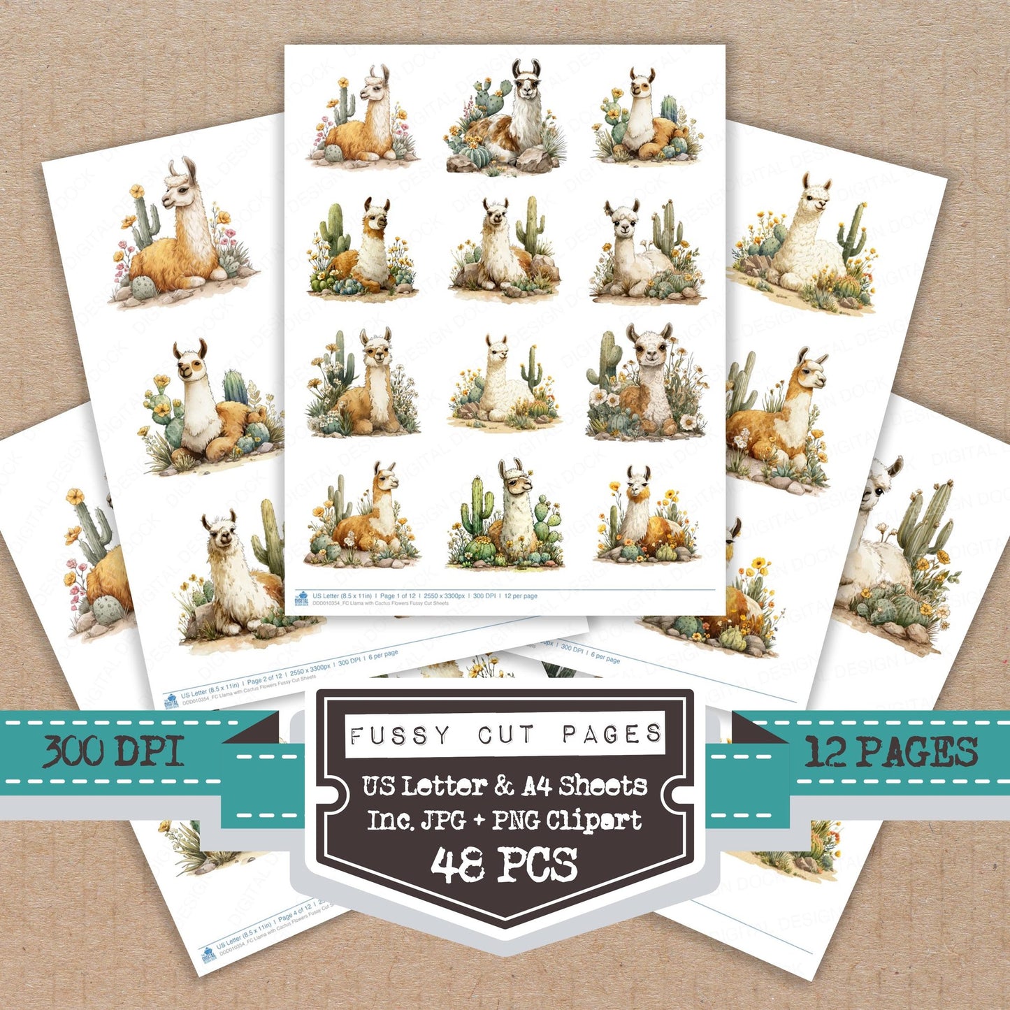 Llama with Cactus Flowers Fussy Cut Sheets (DDD010354)