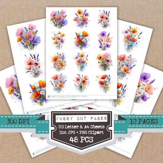 DDD010357_FC Loose Wildflower Watercolour Bouquet Fussy Cut Sheets