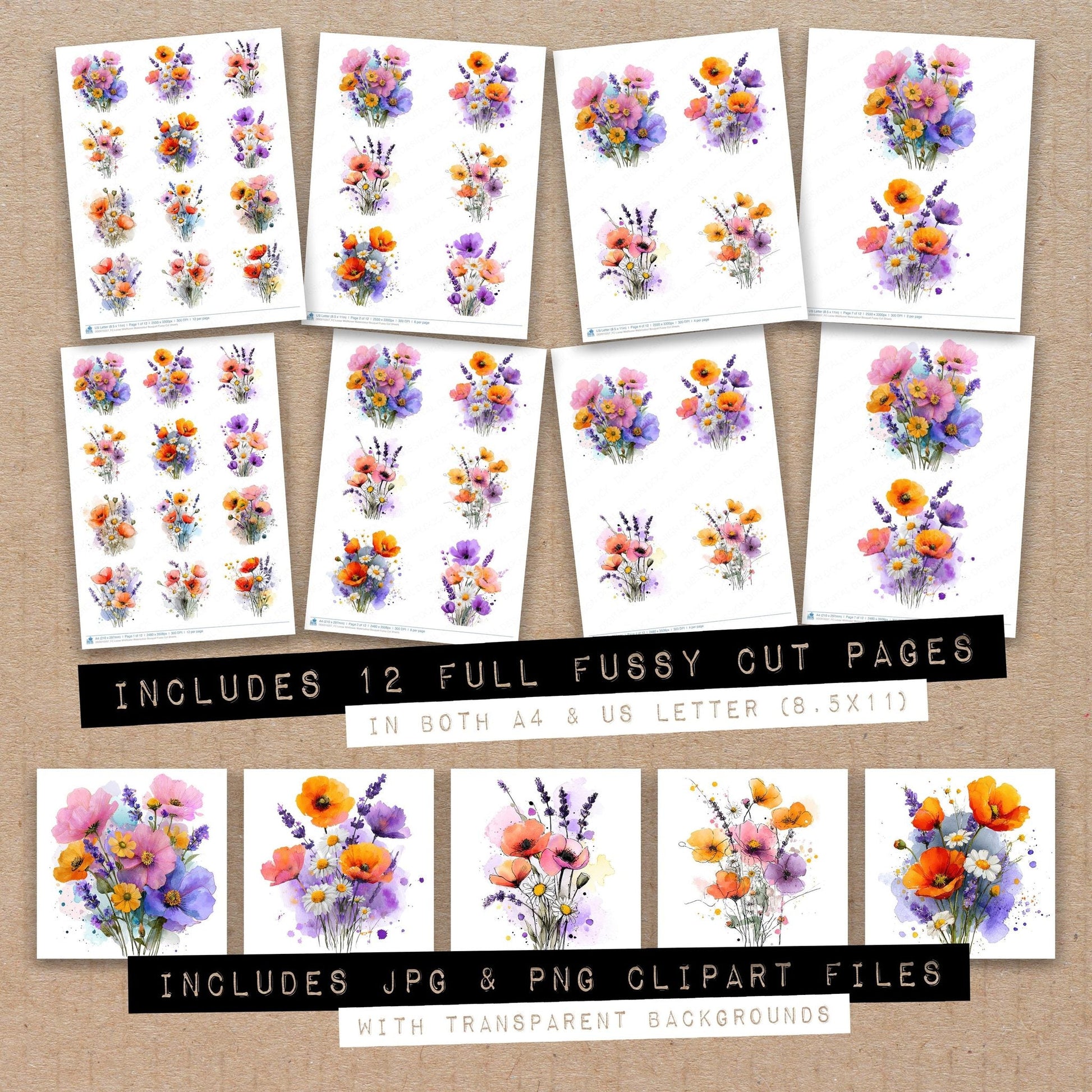 DDD010357_FC Loose Wildflower Watercolour Bouquet Fussy Cut Sheets