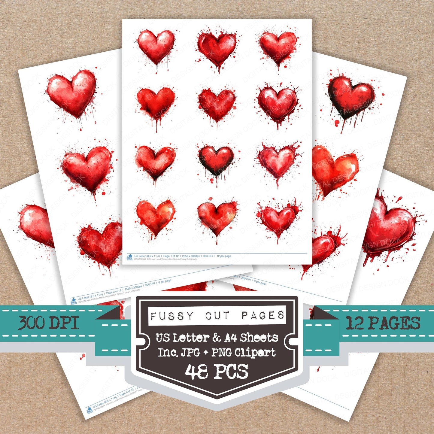 DDD010361_FC Love Heart Watercolour Splash Fussy Cut Sheets