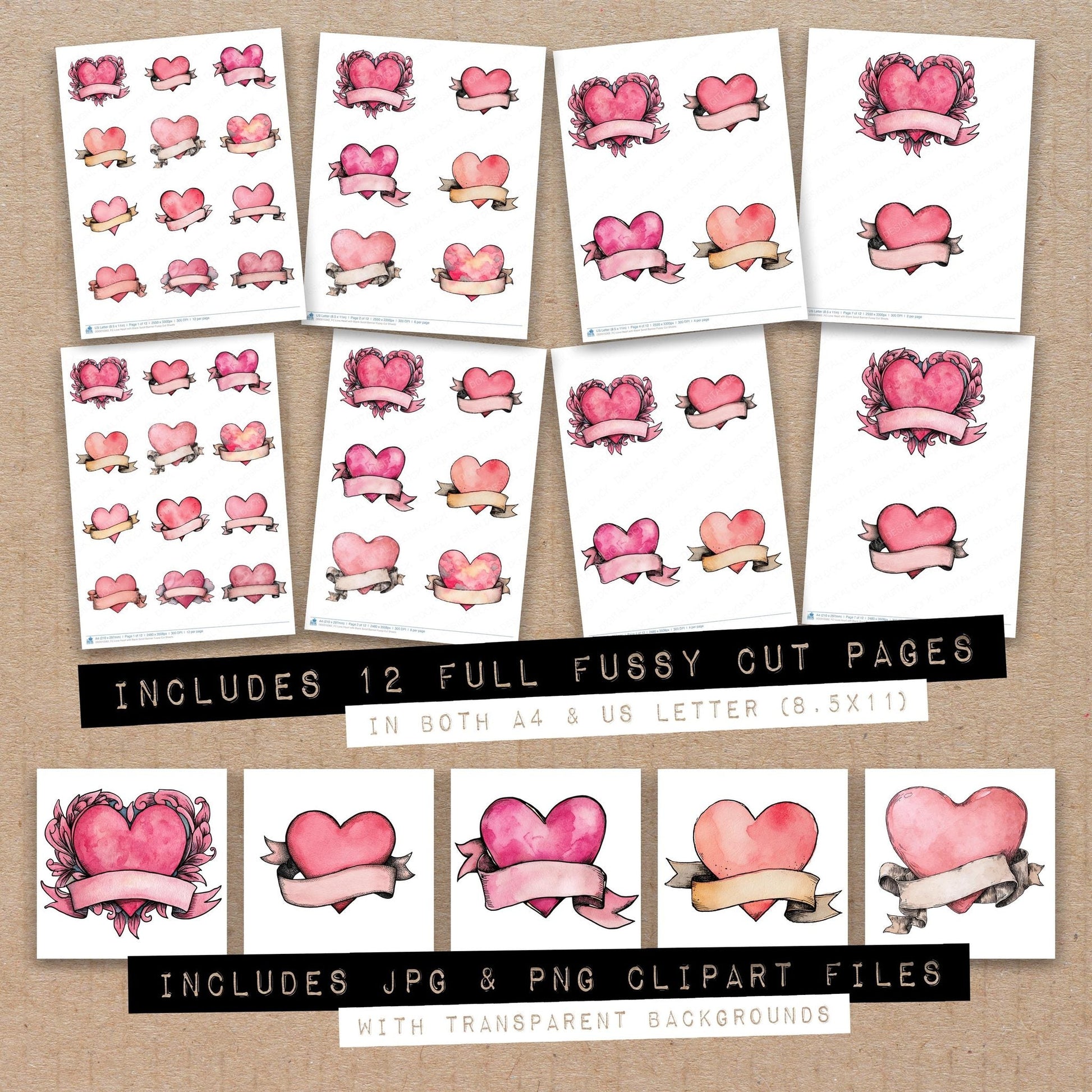 DDD010362_FC Love Heart with Blank Scroll Banner Fussy Cut Sheets