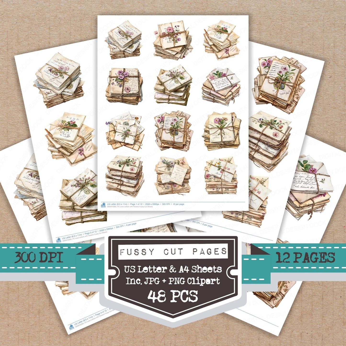 DDD010365_FC Love Letters with Flowers Fussy Cut Sheets