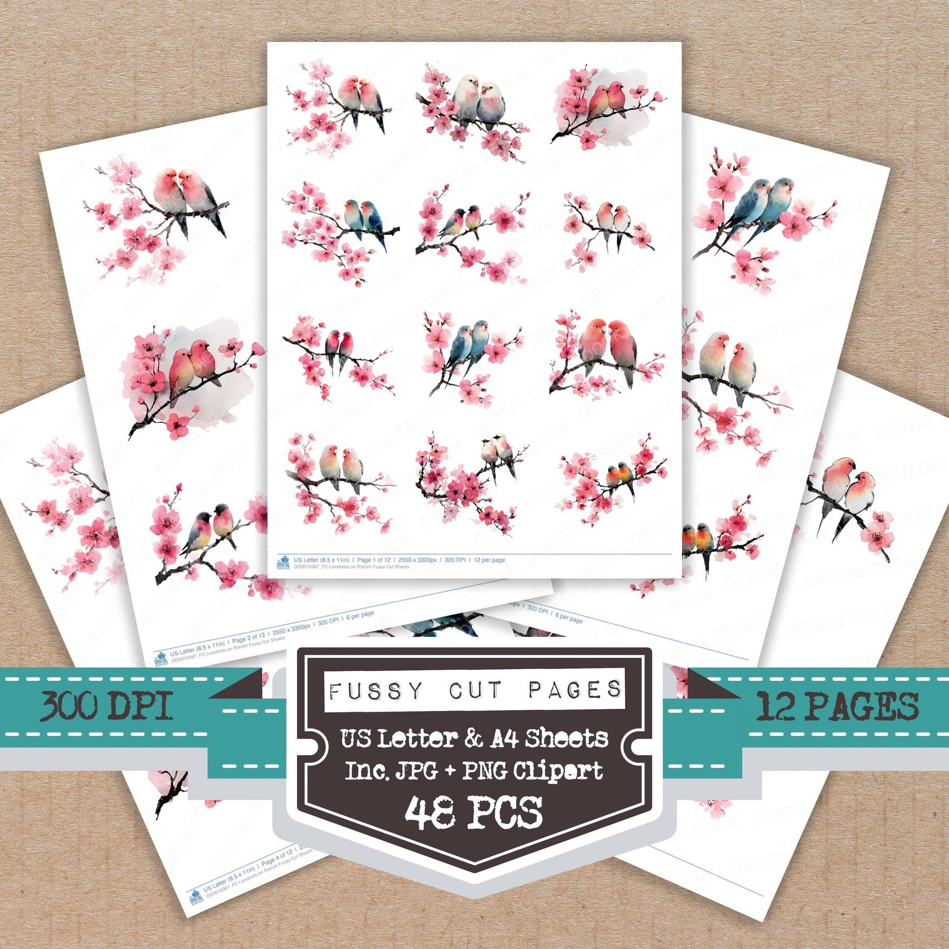 DDD010367_FC Lovebirds on Branch Fussy Cut Sheets