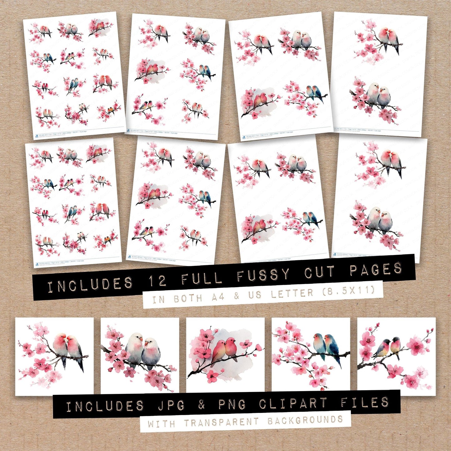 DDD010367_FC Lovebirds on Branch Fussy Cut Sheets