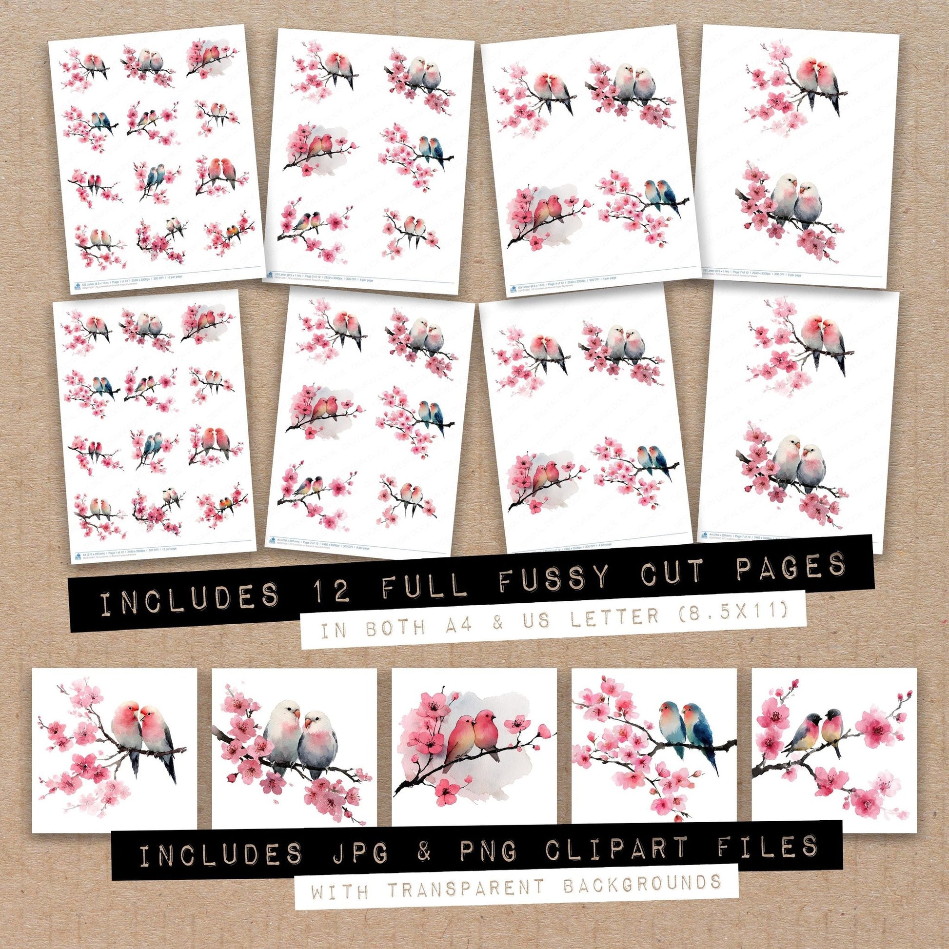 DDD010367_FC Lovebirds on Branch Fussy Cut Sheets
