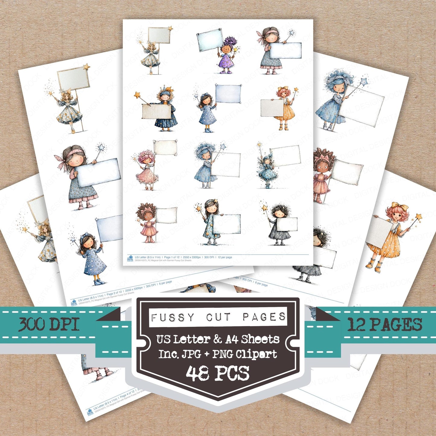 DDD010375_FC Magical Girl with Banner Fussy Cut Sheets