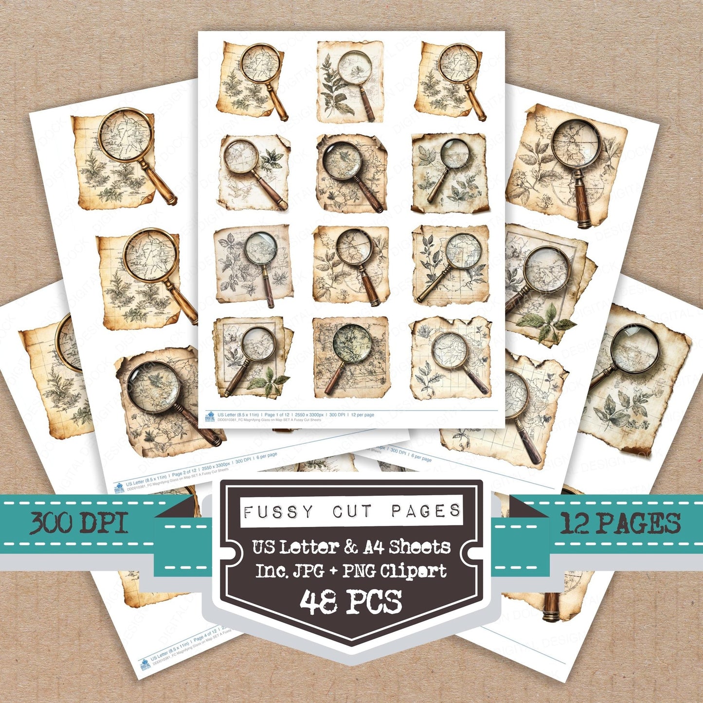 DDD010381_FC Magnifying Glass on Map SET A Fussy Cut Sheets