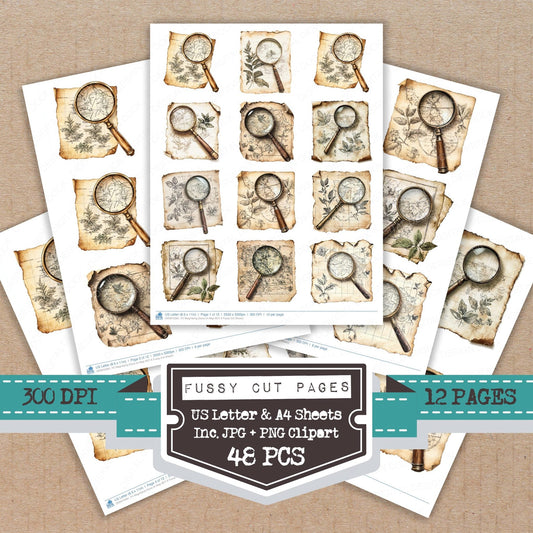 DDD010381_FC Magnifying Glass on Map SET A Fussy Cut Sheets