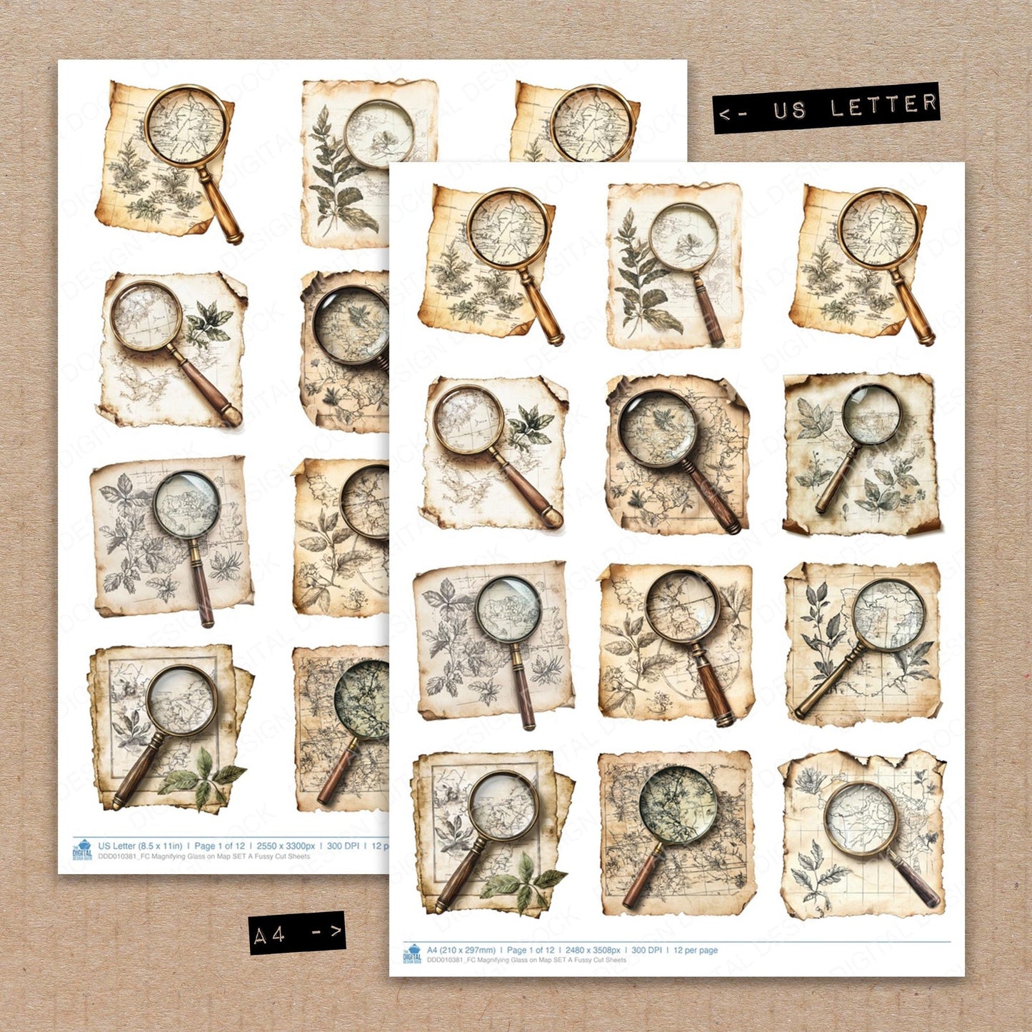 DDD010381_FC Magnifying Glass on Map SET A Fussy Cut Sheets