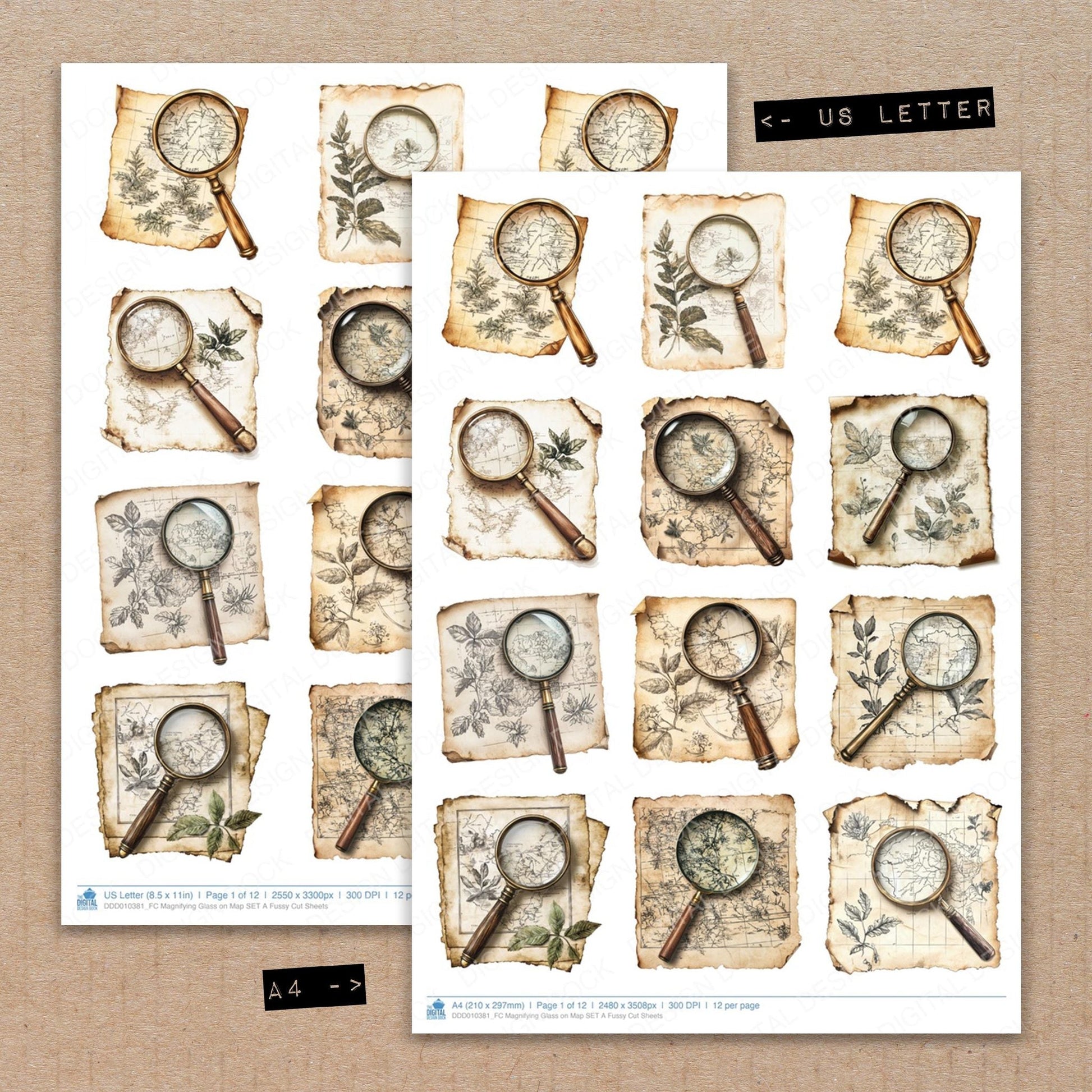 DDD010381_FC Magnifying Glass on Map SET A Fussy Cut Sheets