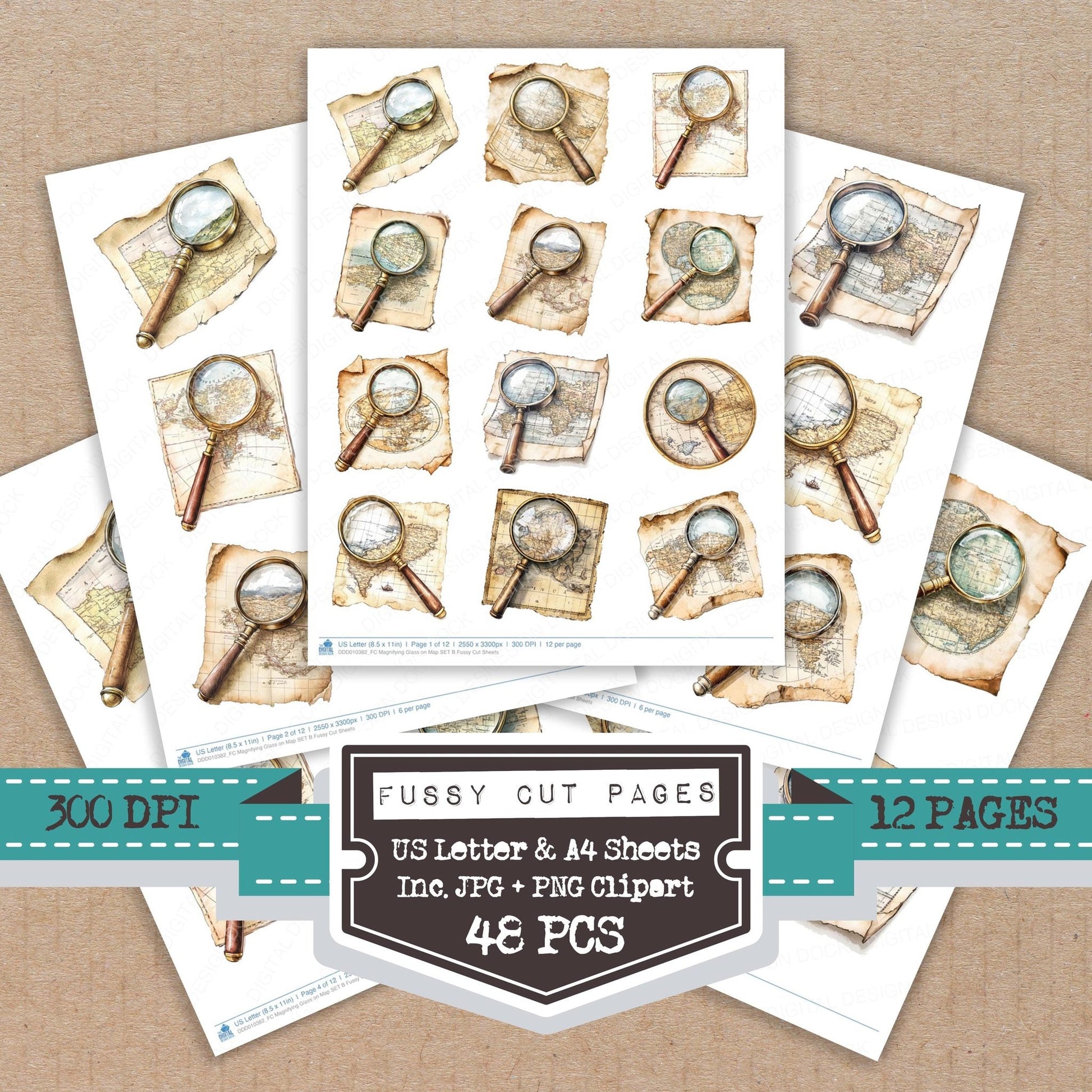 DDD010382_FC Magnifying Glass on Map SET B Fussy Cut Sheets