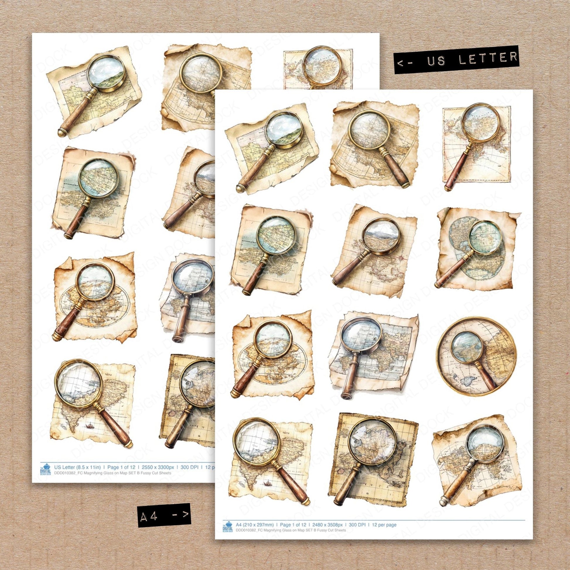 DDD010382_FC Magnifying Glass on Map SET B Fussy Cut Sheets