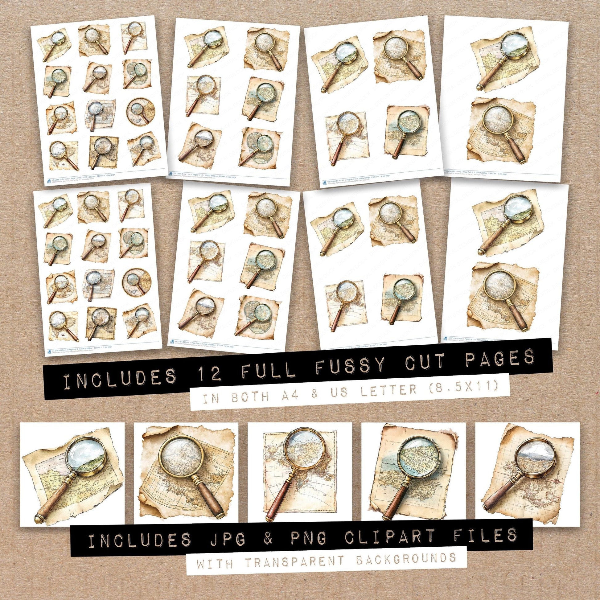 DDD010382_FC Magnifying Glass on Map SET B Fussy Cut Sheets