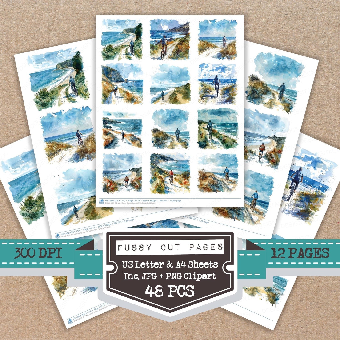 DDD010389_FC Man Riding Bicycle Coastal Path Fussy Cut Sheets