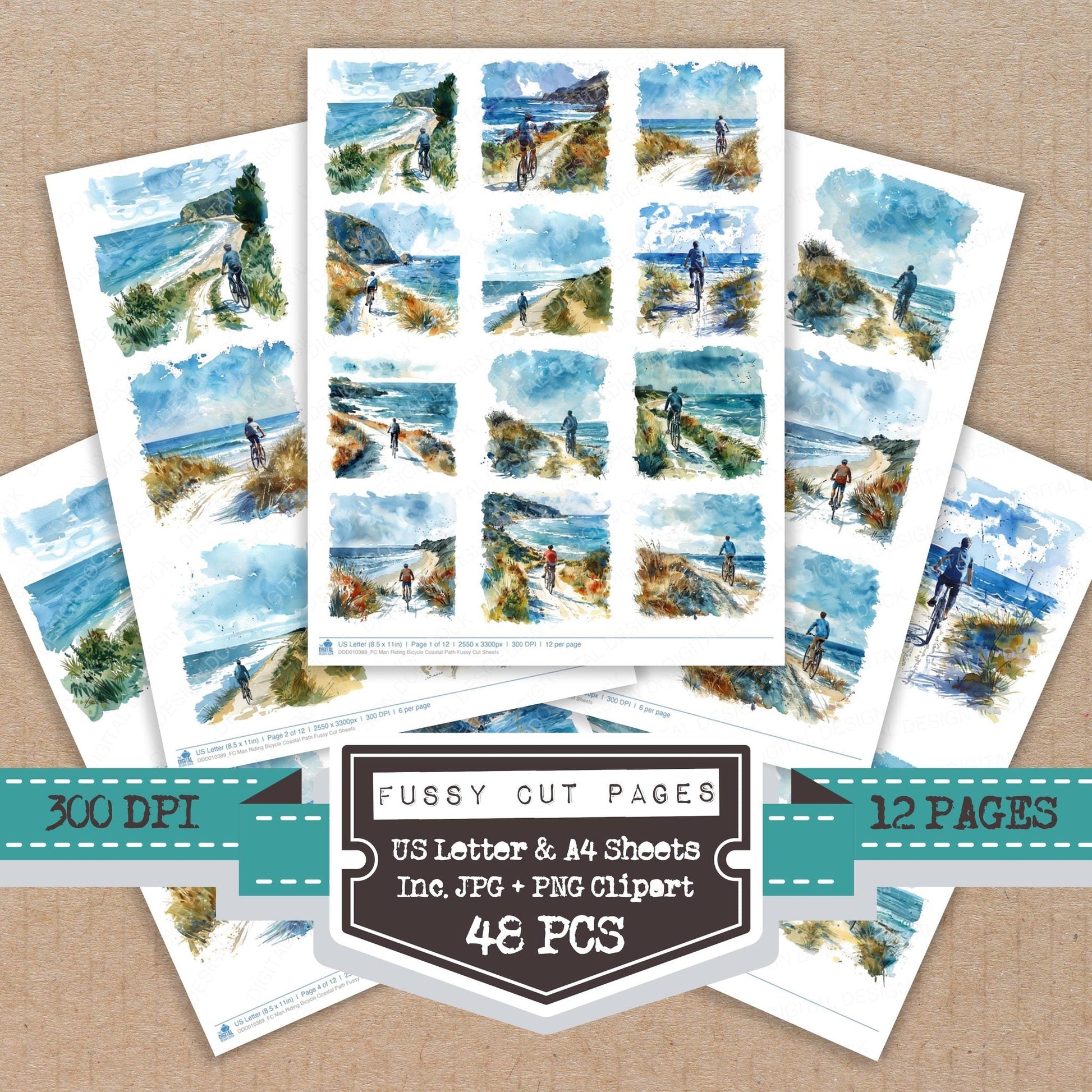 DDD010389_FC Man Riding Bicycle Coastal Path Fussy Cut Sheets