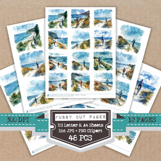 DDD010389_FC Man Riding Bicycle Coastal Path Fussy Cut Sheets