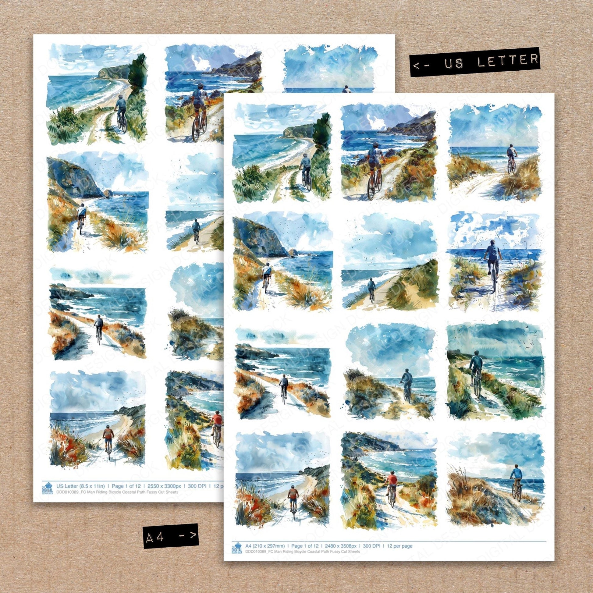 DDD010389_FC Man Riding Bicycle Coastal Path Fussy Cut Sheets