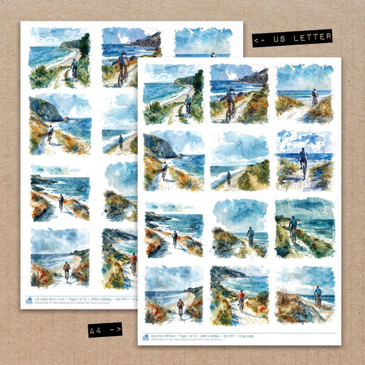 DDD010389_FC Man Riding Bicycle Coastal Path Fussy Cut Sheets