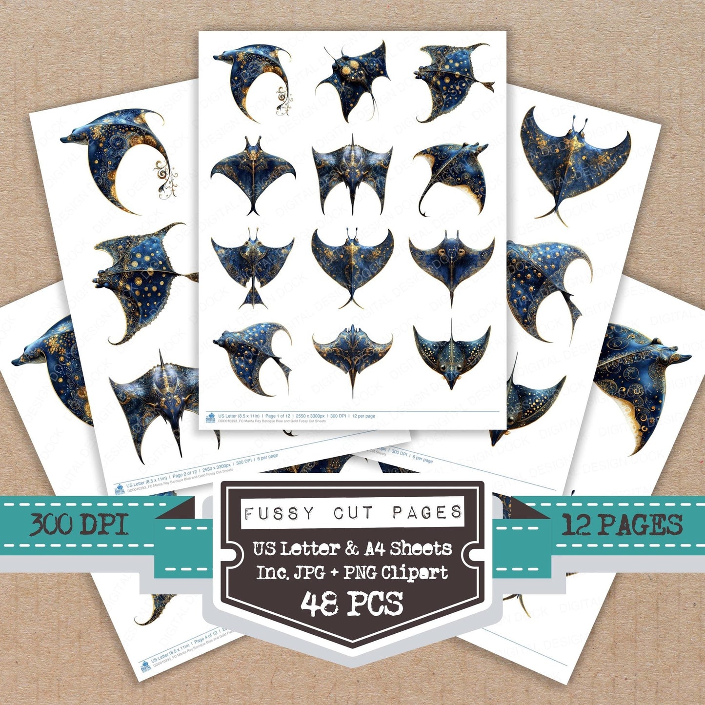 DDD010393_FC Manta Ray Baroque Blue and Gold Fussy Cut Sheets