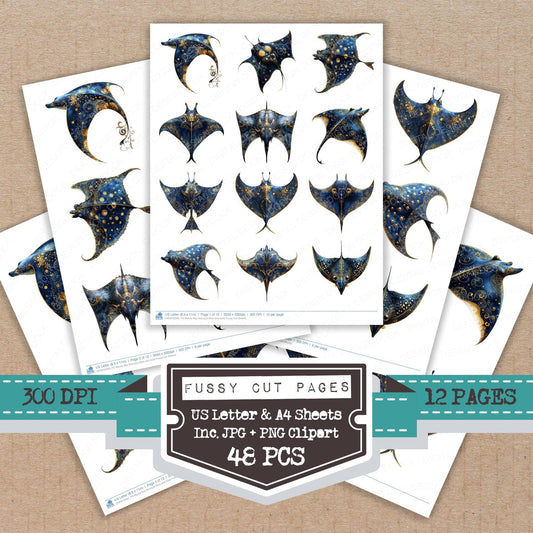 DDD010393_FC Manta Ray Baroque Blue and Gold Fussy Cut Sheets