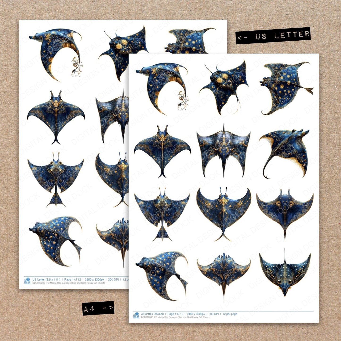 DDD010393_FC Manta Ray Baroque Blue and Gold Fussy Cut Sheets