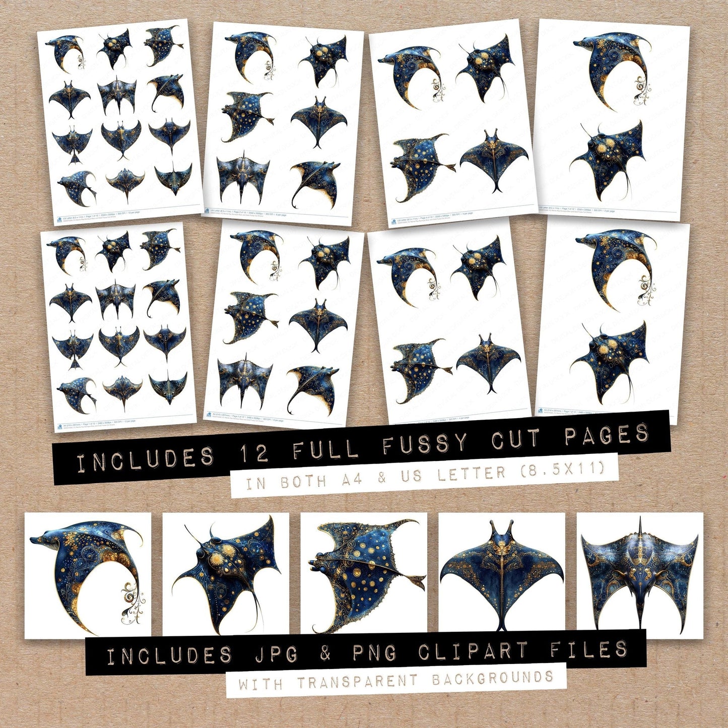 DDD010393_FC Manta Ray Baroque Blue and Gold Fussy Cut Sheets