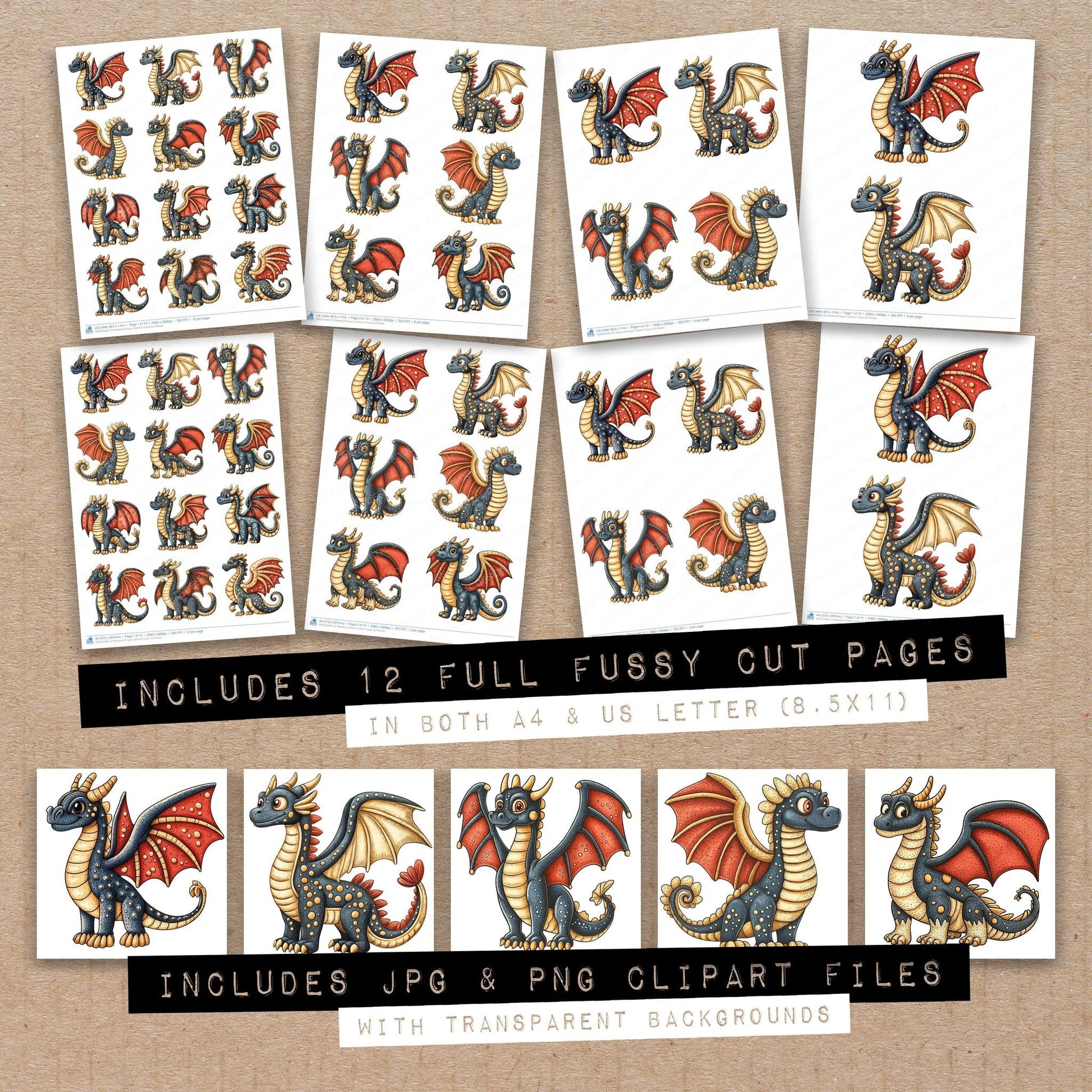 DDD010406_FC Medieval Dragon Cartoon Fussy Cut Sheets