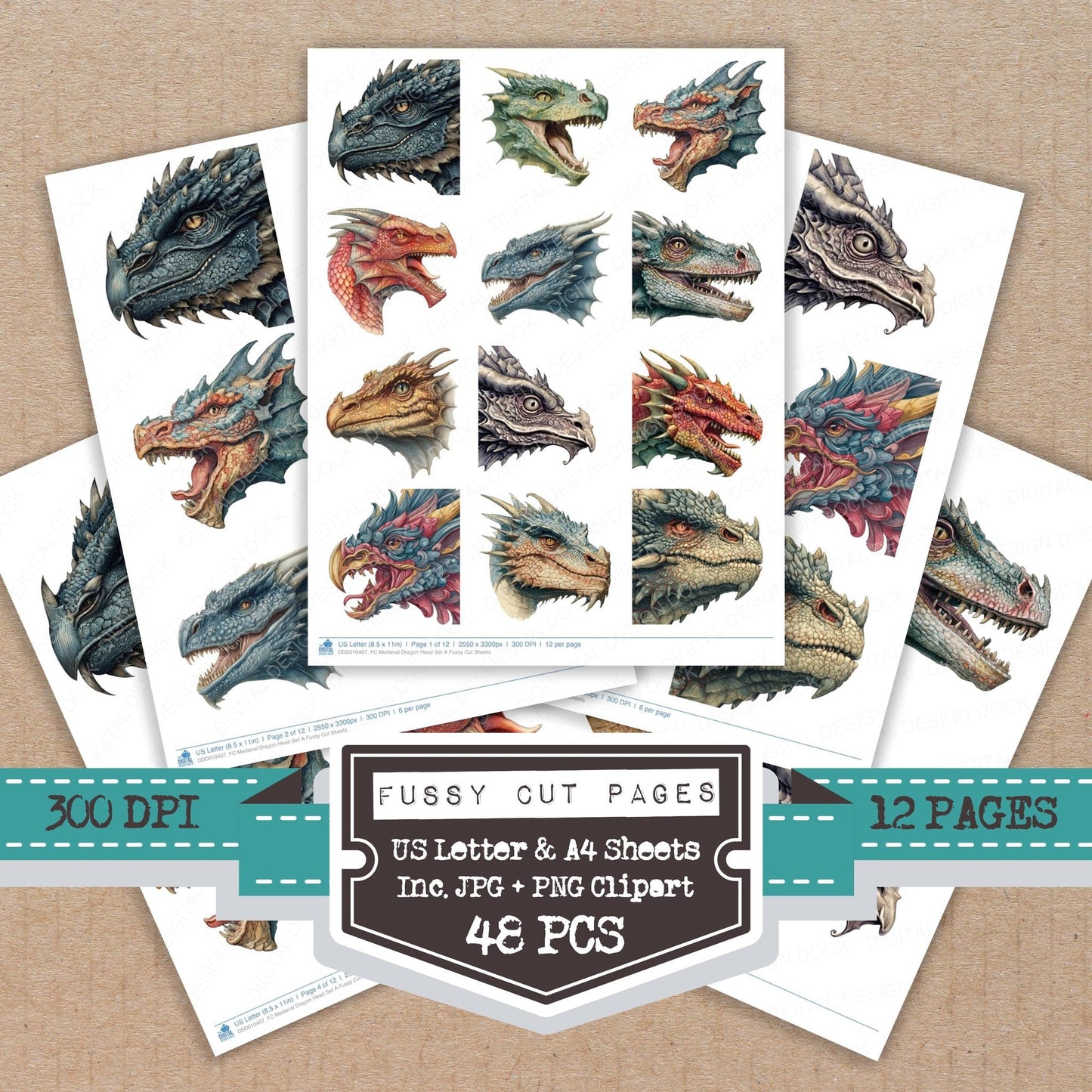 DDD010407_FC Medieval Dragon Head Set A Fussy Cut Sheets