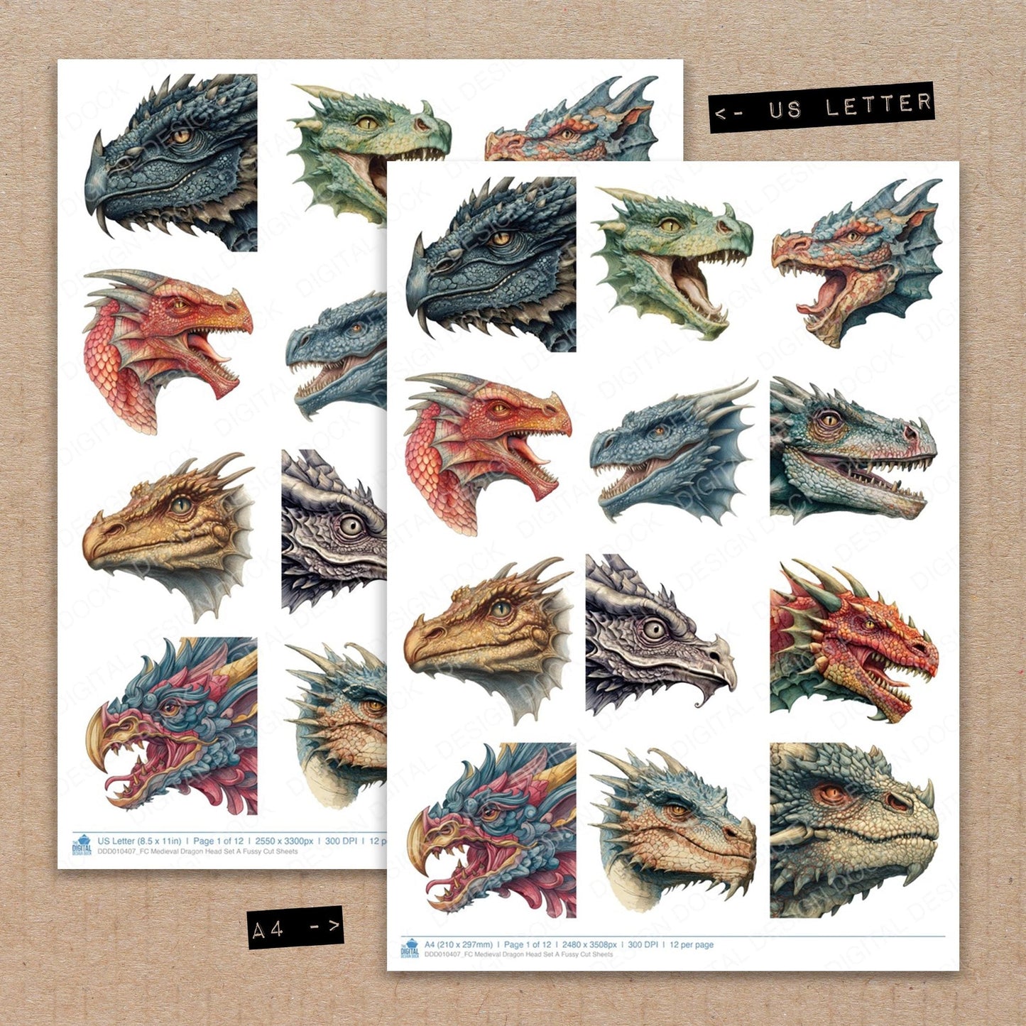 DDD010407_FC Medieval Dragon Head Set A Fussy Cut Sheets