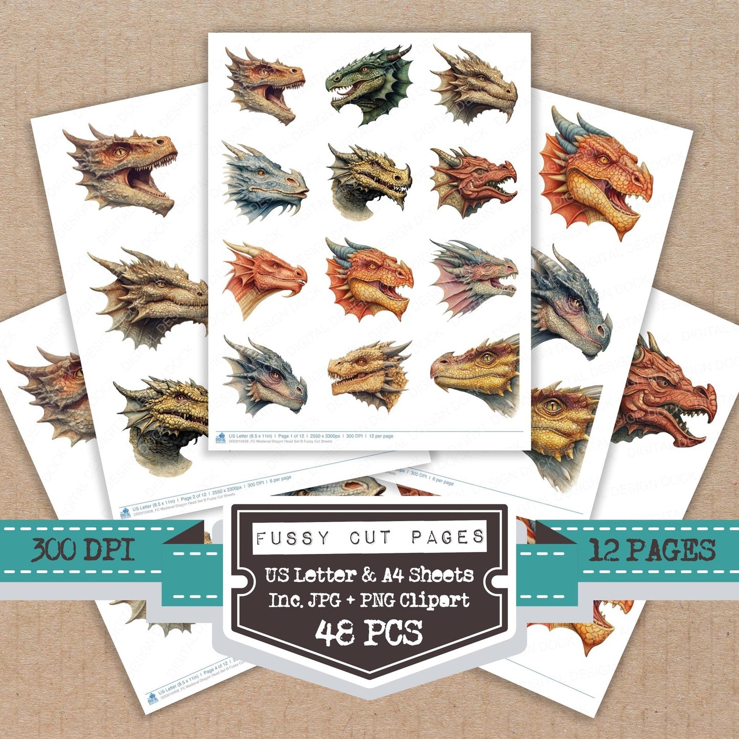 DDD010408_FC Medieval Dragon Head Set B Fussy Cut Sheets