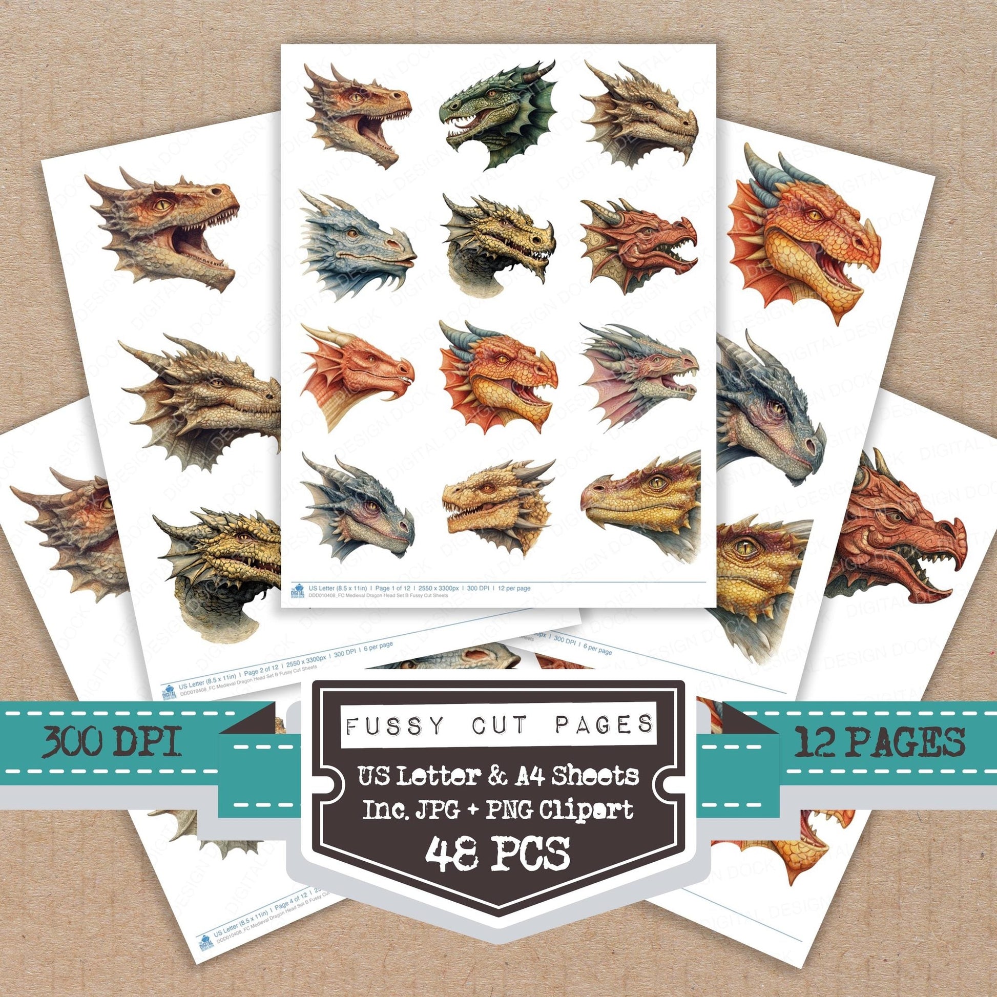 DDD010408_FC Medieval Dragon Head Set B Fussy Cut Sheets