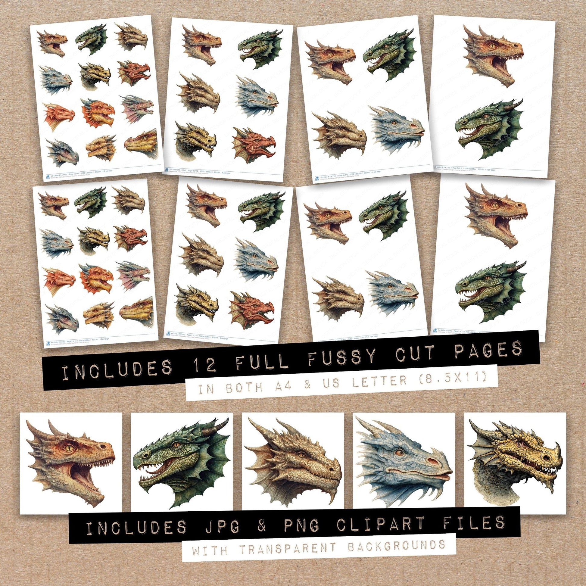 DDD010408_FC Medieval Dragon Head Set B Fussy Cut Sheets
