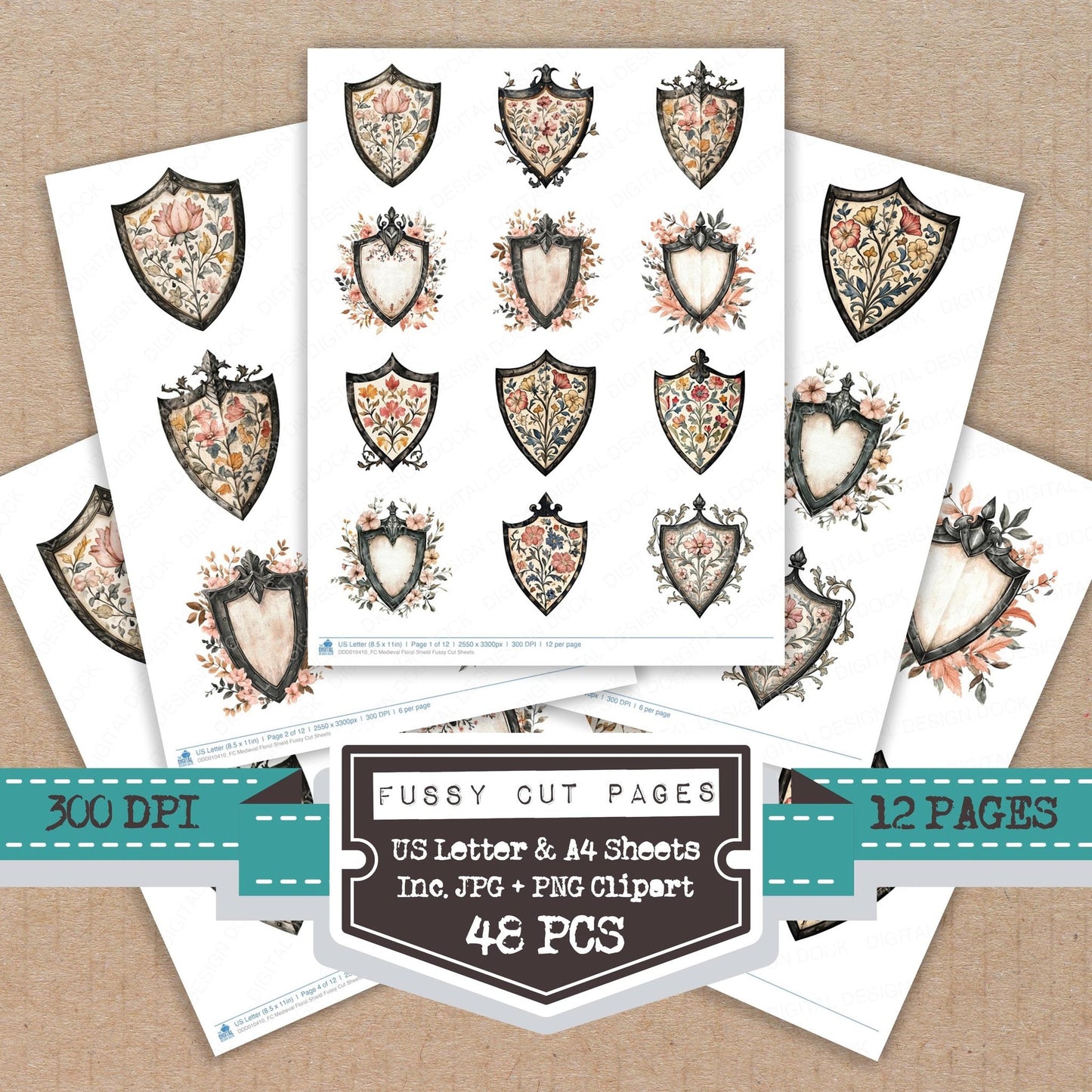 DDD010410_FC Medieval Floral Shield Fussy Cut Sheets