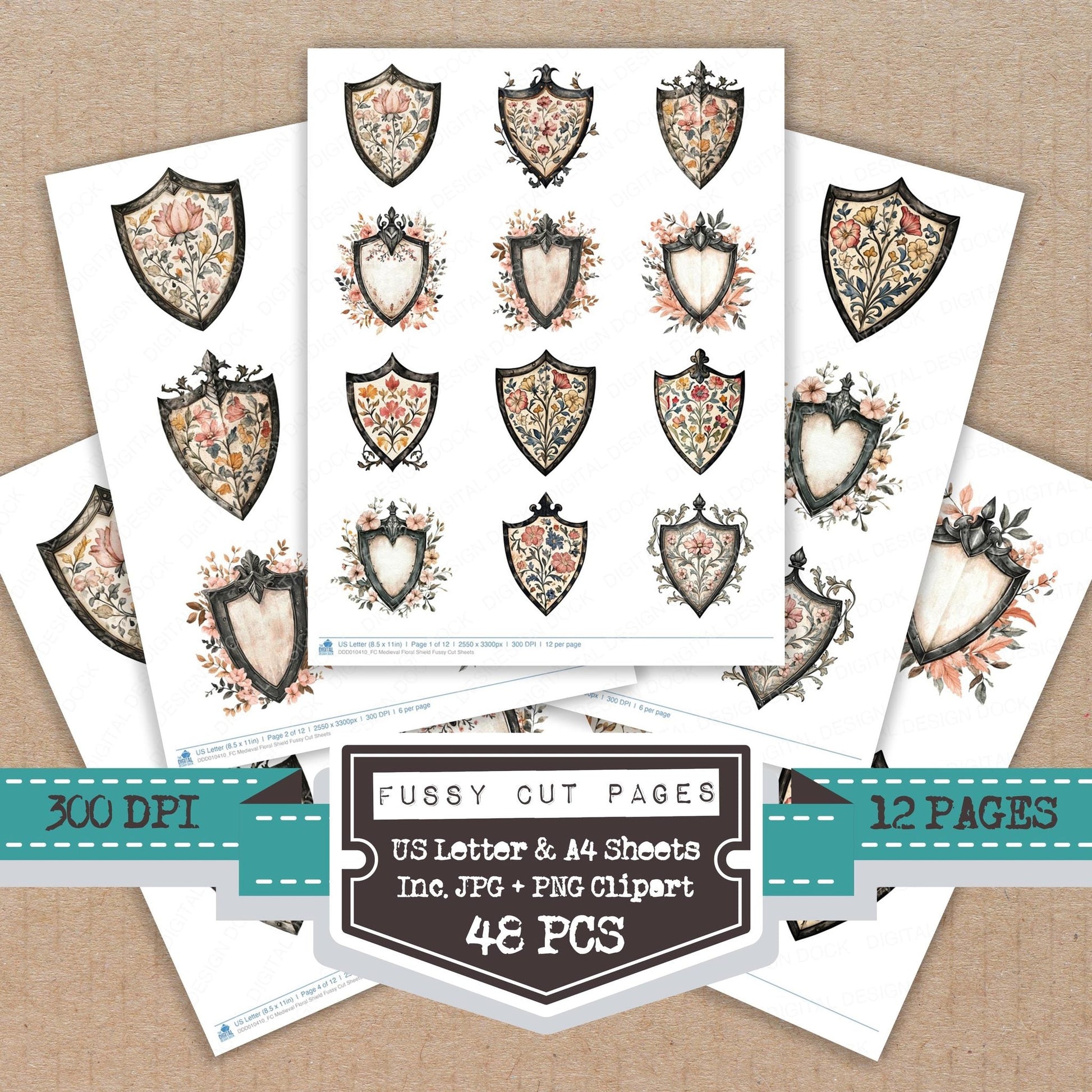 DDD010410_FC Medieval Floral Shield Fussy Cut Sheets