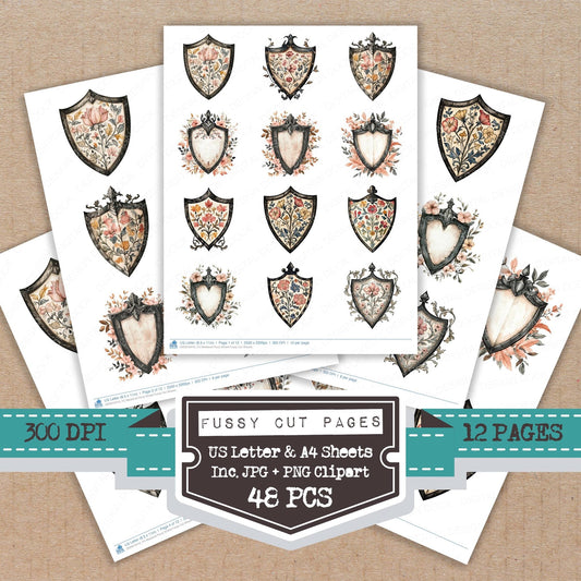 DDD010410_FC Medieval Floral Shield Fussy Cut Sheets